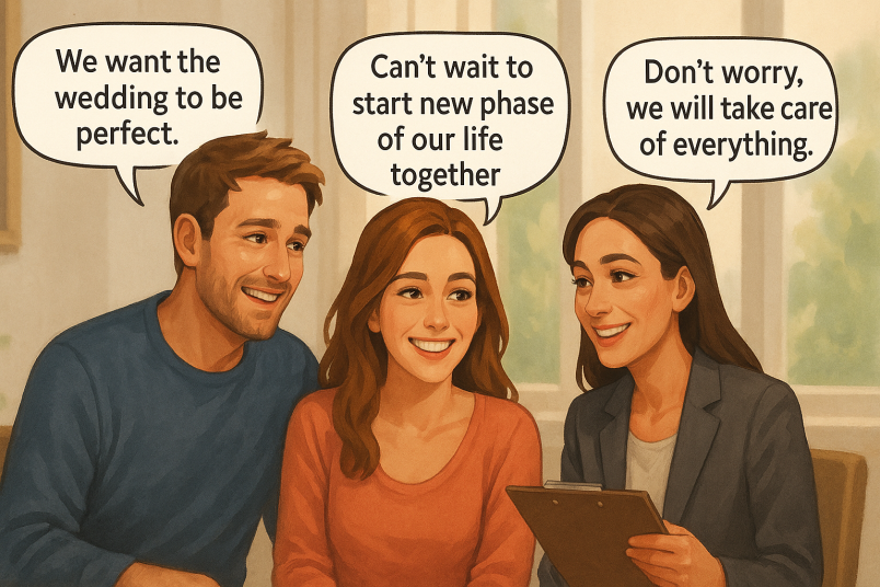 Couple discussing with wedding planner