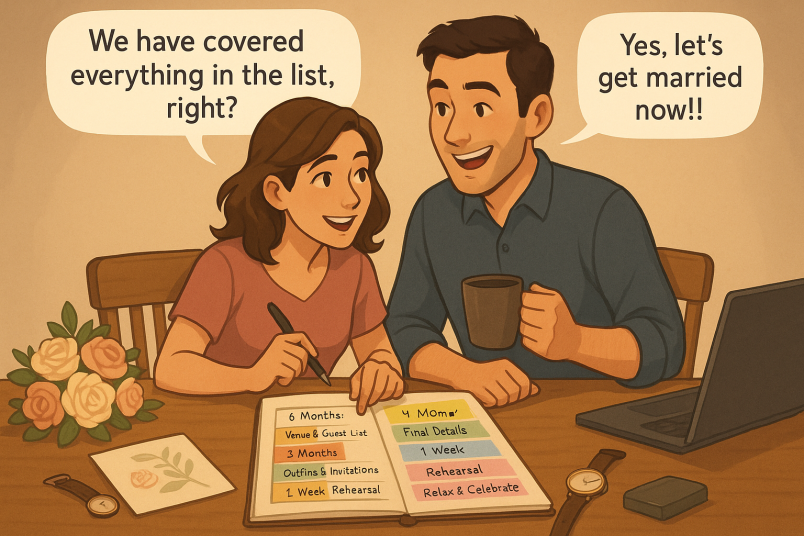 Couple preparing wedding check list