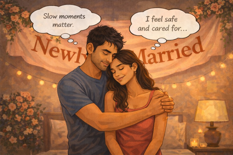 Newlywed comfort hug