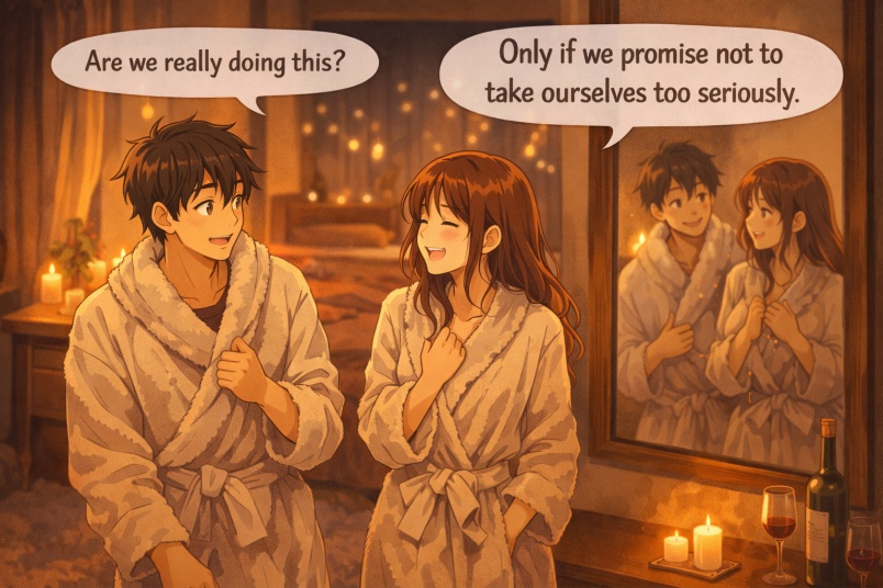 Bedroom, both wearing cozy robes