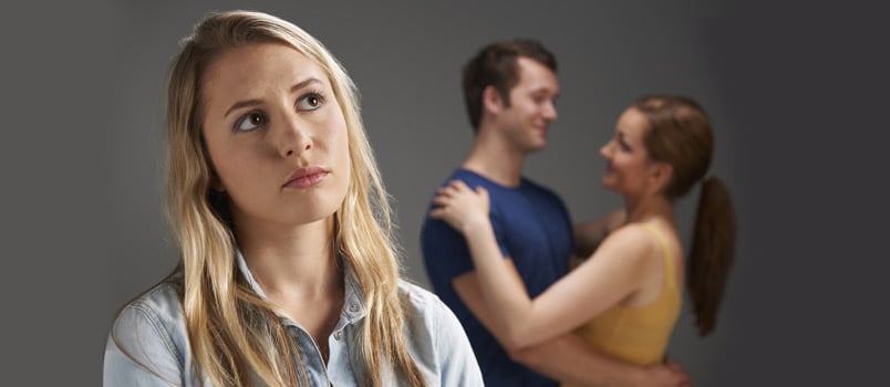 man flirting with a woman and the sad wife thinking