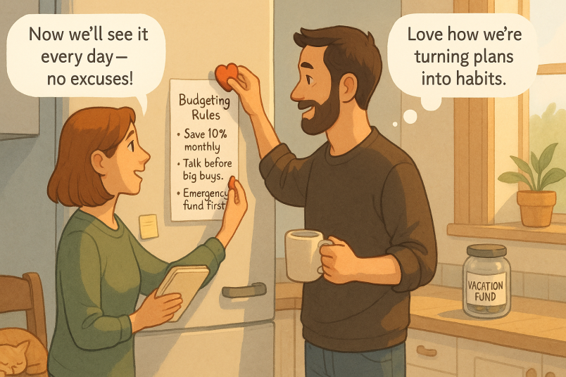 Couple posting budgeting rules on fridge