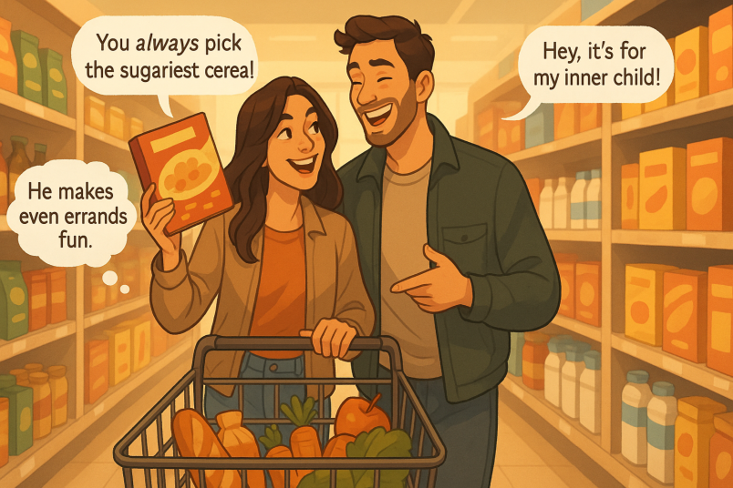 Playful couple grocery shopping together
