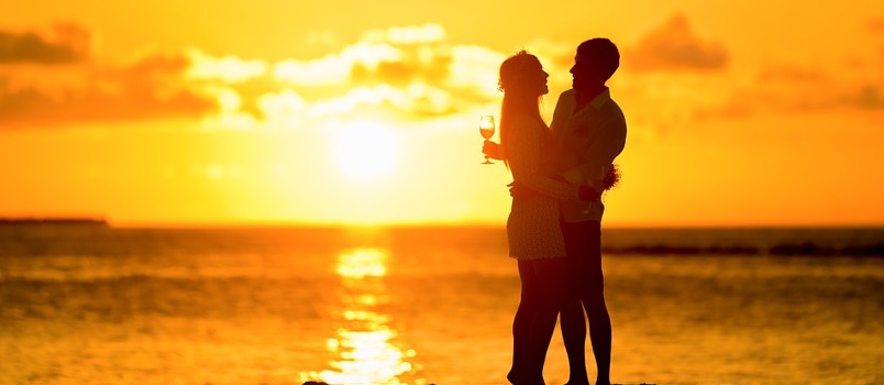 Silhouette Couple Huging Together Sunset View