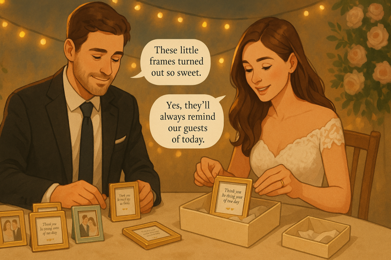 Couple preparing photo frames