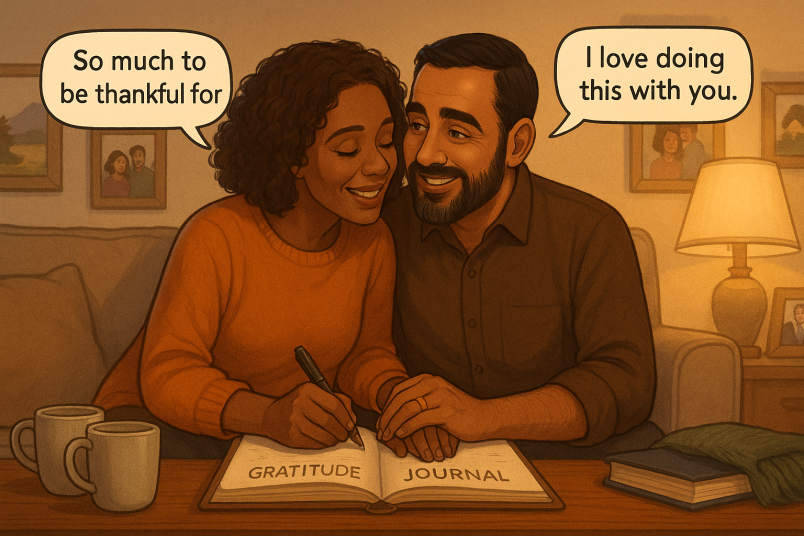 Couple writing in gratitude journal