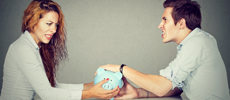 Men And Women Quarreling Together With Piggy Bank Isolated Studio Shot