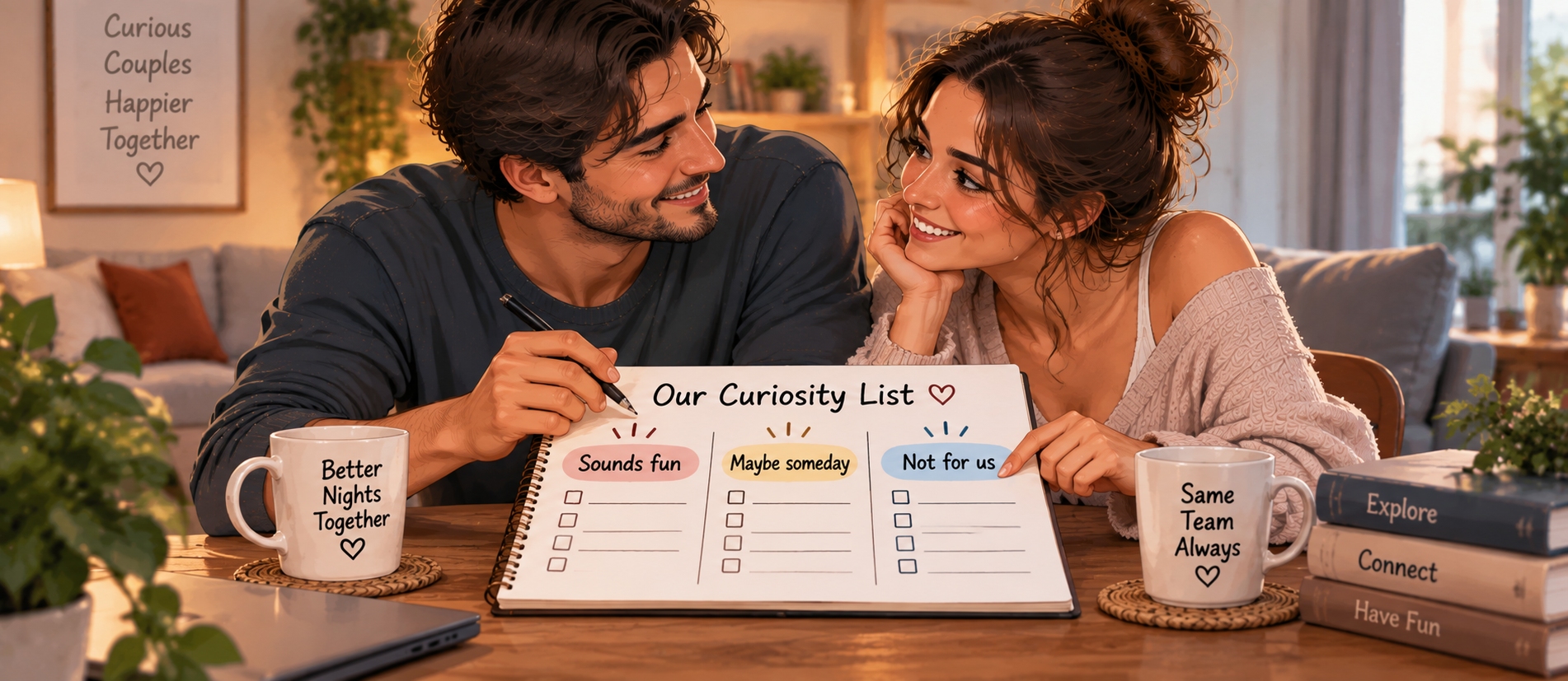 Pareja creando una lista de deseos de intimidad compartida juntos