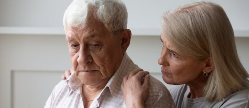 Loving Middle-aged Wife Hug Comfort Sad Distressed Elderly 80s Husband Feeling Loneliness