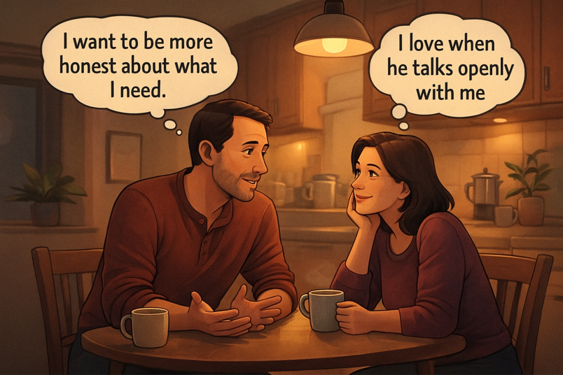 Couple talking while having coffee