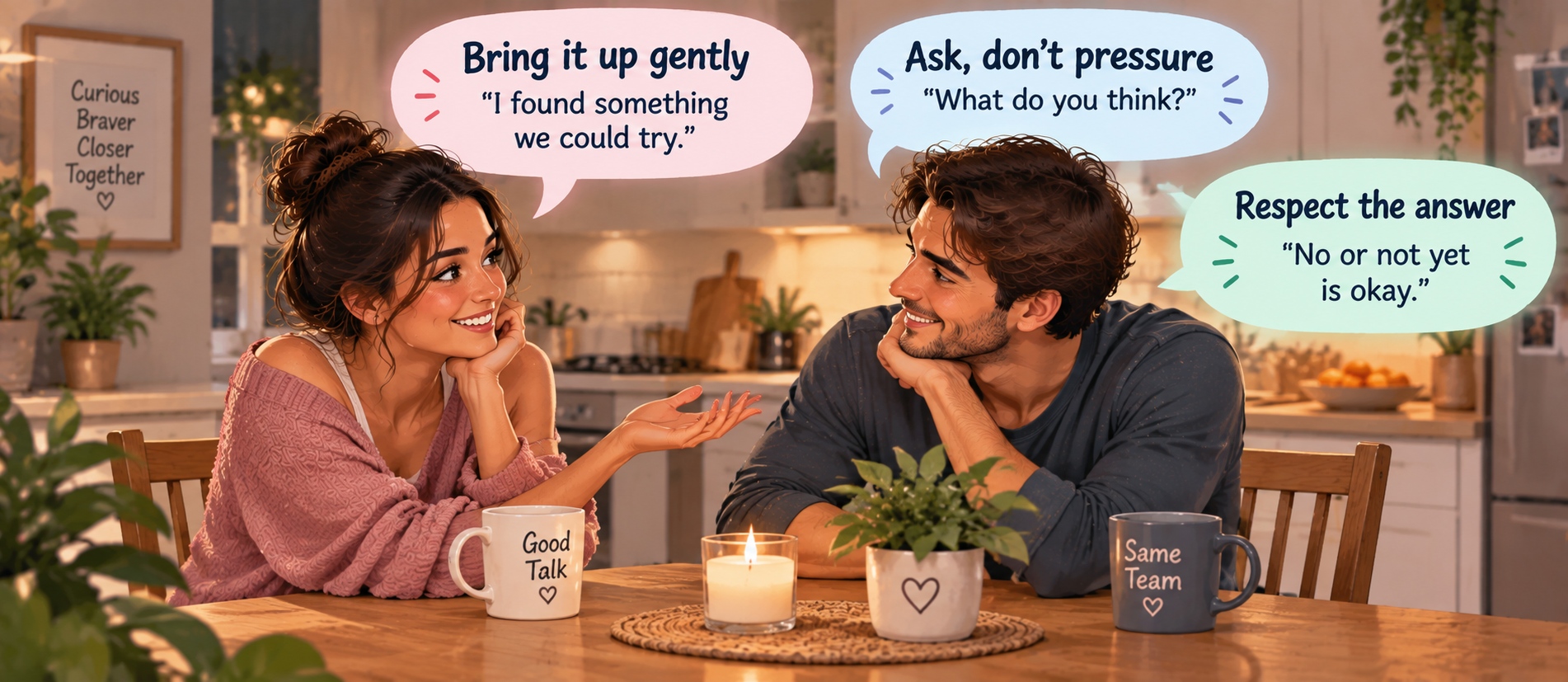 Pareja discutiendo una nueva idea de dormitorio sin presión