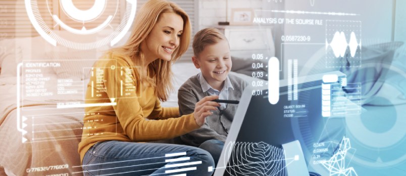 Woman with child using computer