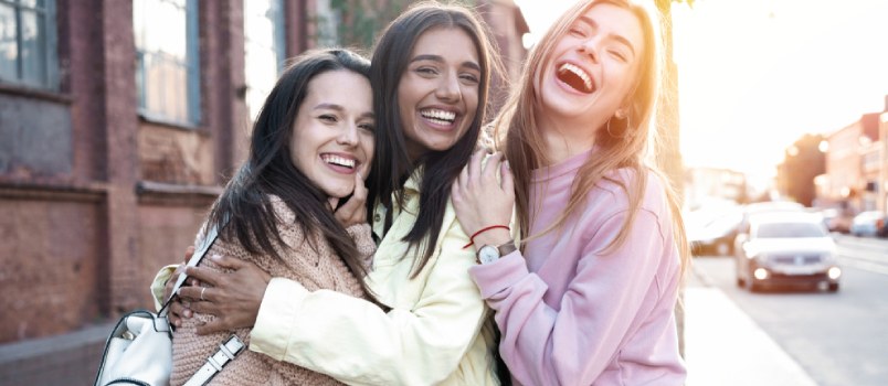 Happy Women Laughing Shot At Outdoor Somewhere Enjoying Vacation