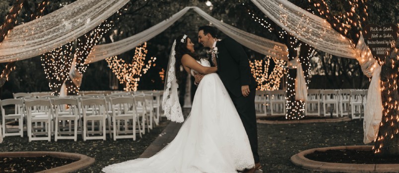 Groom And Bride Standing On Narrow Pathway