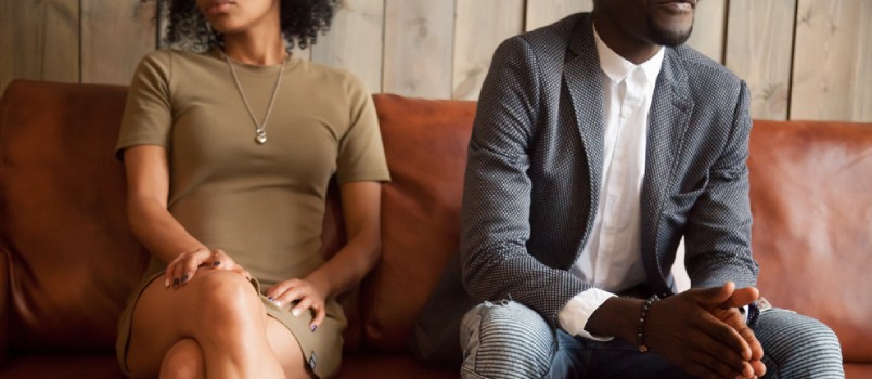 This “Marriage Story” would be better titled “Divorce War” Unhappy Couple Sitting On Couch After Quarrel Fight