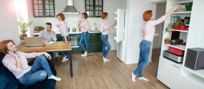 Husband And Wife Are Working Remotely. Husband Is With A Laptop, Wife Is Preventing Her Husband To Work. Collage, Panorama