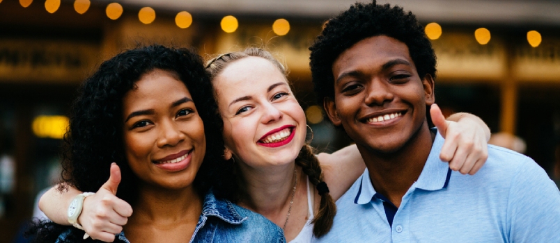 White Blonde Happy Girl Hugging And Laughing With Two Best Friends Afro American Couple Having Fun Together