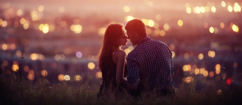 Lovers Man and Girl Against Background Night City, Sky and Horizon. Concept Date Valentine Day, First Kiss Love