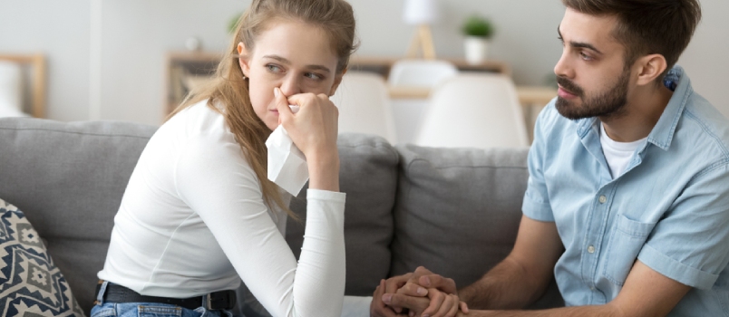 Girl Crying Guy Calms Her. Guilty Husband After Quarrel Apologize