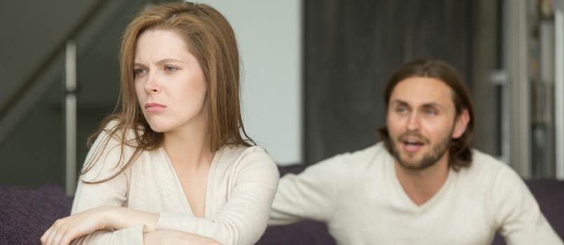 Offended Affronted Woman Ignoring Angry Man Sitting Her Back To Jealous Husband Shouting At Frustrated Wife