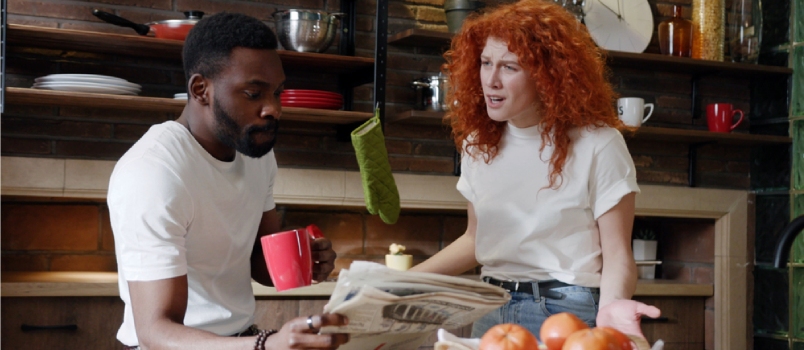 Young Couple Quarrels In The Kitchen Man African American And Woman Scream In Frustration Annoyed Unhappy Relationship