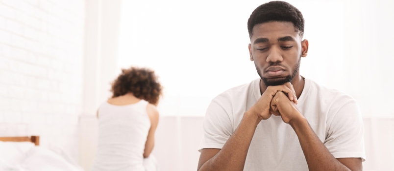 Marital Issues. Couple Not Speaking To Each Other In Bedroom, Empty Space