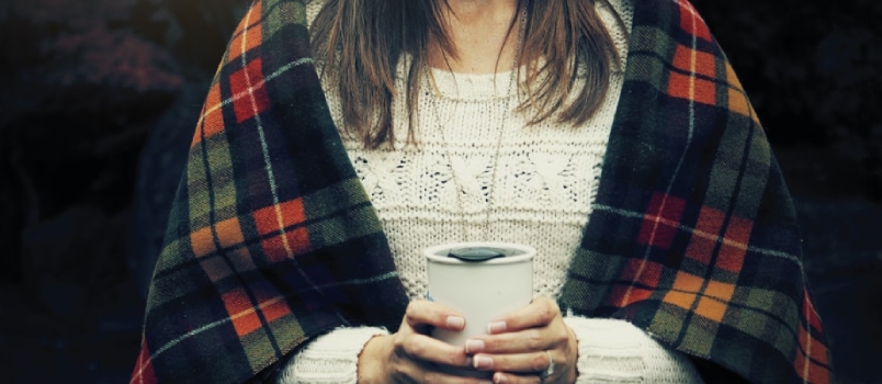 Women Holding White Cup With The Shawl In The Winter Climate Outdoor