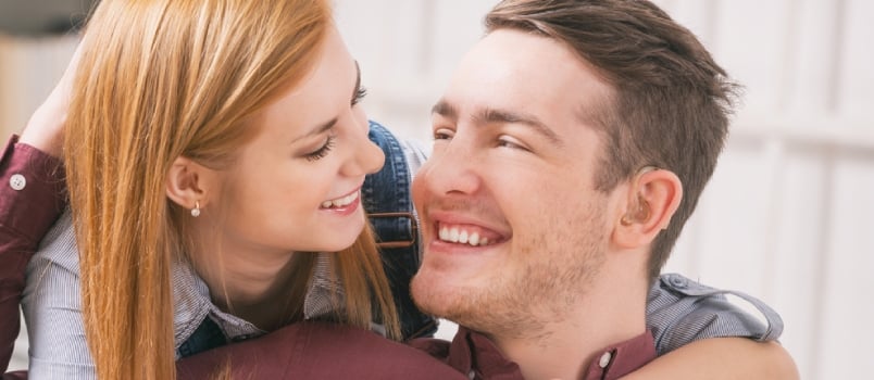 Smiling Young Woman Loving Her Hearing Impairment Man