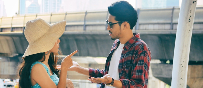 Asian Couple Quarrel During Traveling Lady Pointing Finger On Man