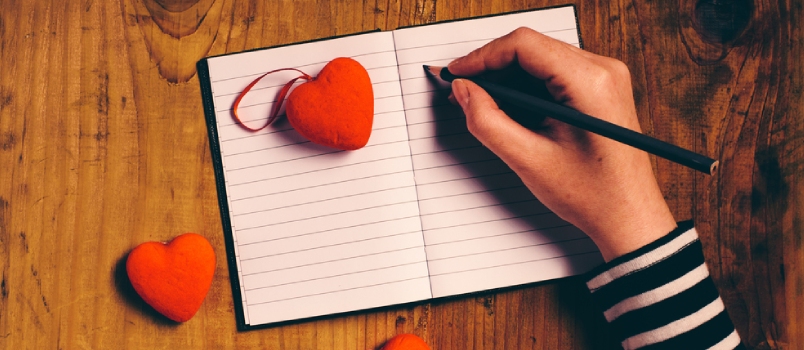 Woman Writing Love Letter Card For Valentines Day, Top View Of Female Hands, Retro Toned