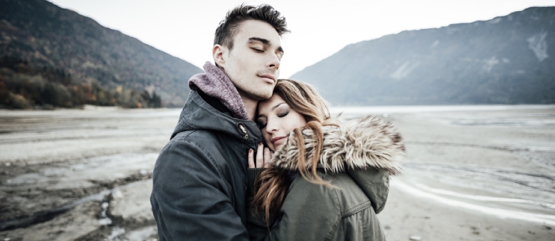 Beautiful Couple Hugging Together Love Concept Mountain And Lake