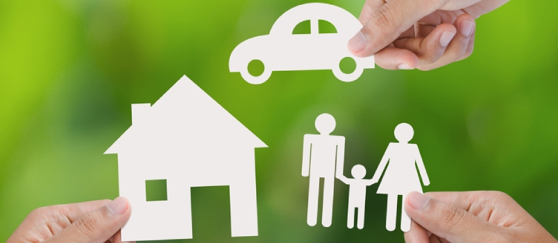 Hand Holding A Paper Home, Car, Family On Green Background, Insurance Concept