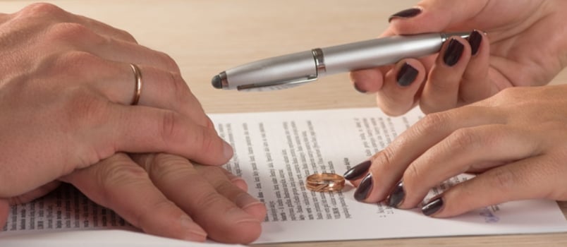 Wife And Husband Signing Divorce Documents Or Premarital Agreement