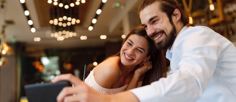 Young Happy Couple At A Date Making Selfie In A Coffee Shop