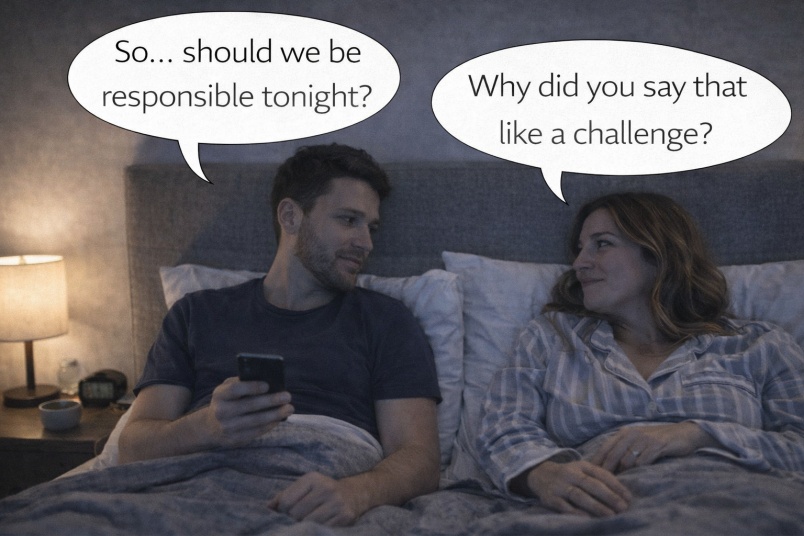 One partner already in pajamas