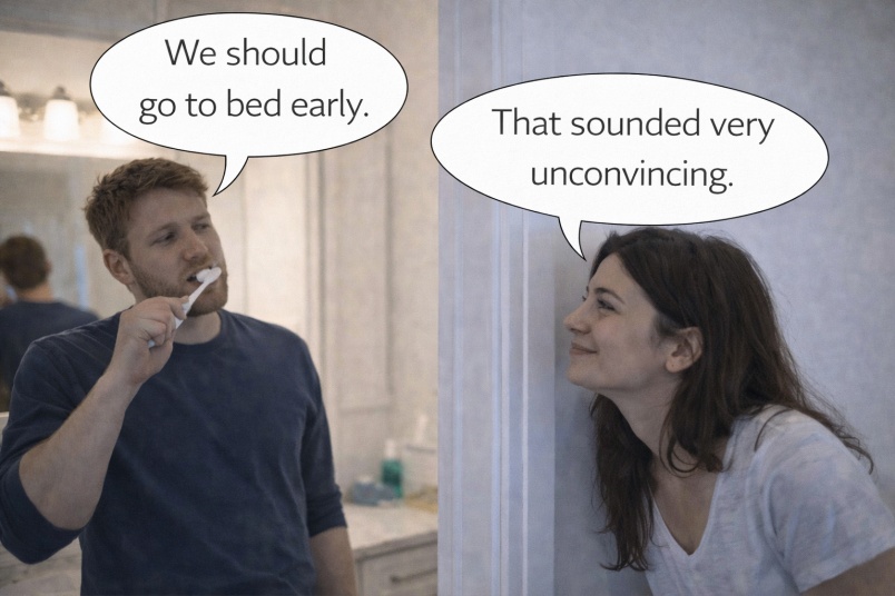 One partner brushing teeth