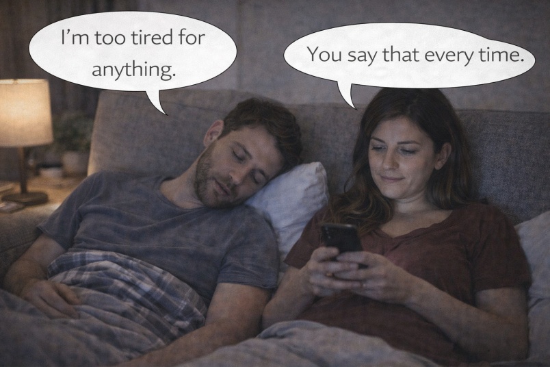 One partner half-asleep