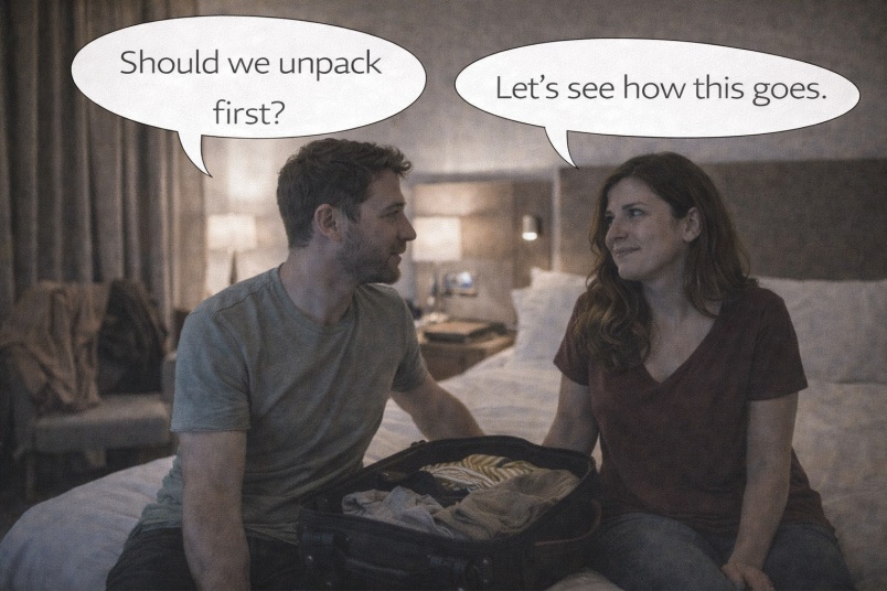 Suitcase still open, jackets tossed on chair