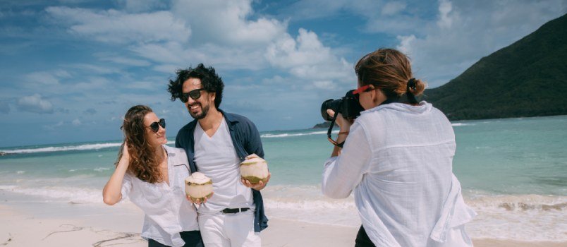 Newlywed Couple Campaigning Wedding Photoshoot On The Beach Side