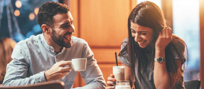 Romantic Loving Couple Drinking Coffee, Having A Date In The Cafe.