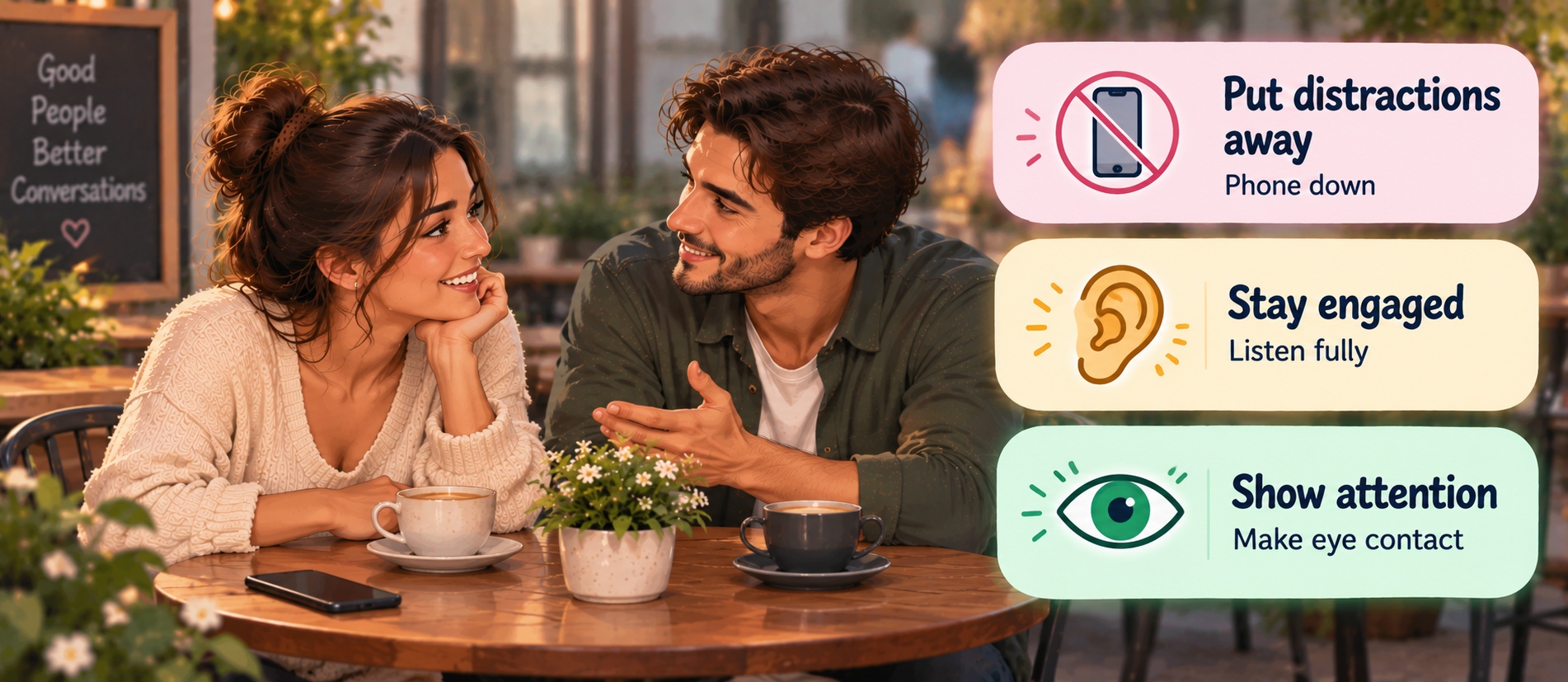Couple showing attraction through attention, eye contact, and presence