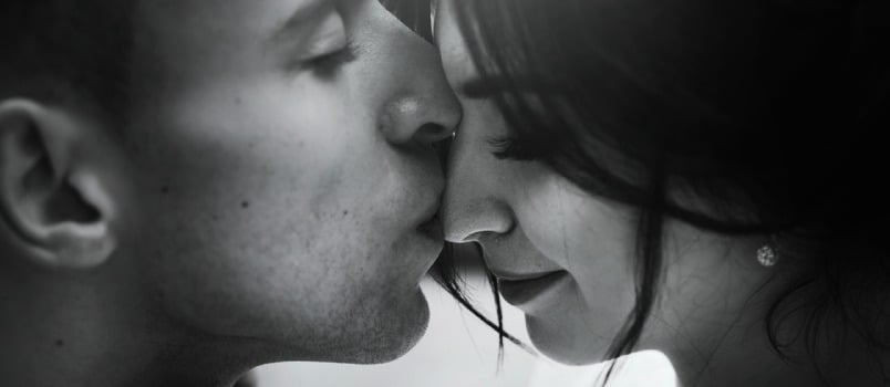 Two Young Couple In Love Men Kissing Women Forehead Grayscale Picture