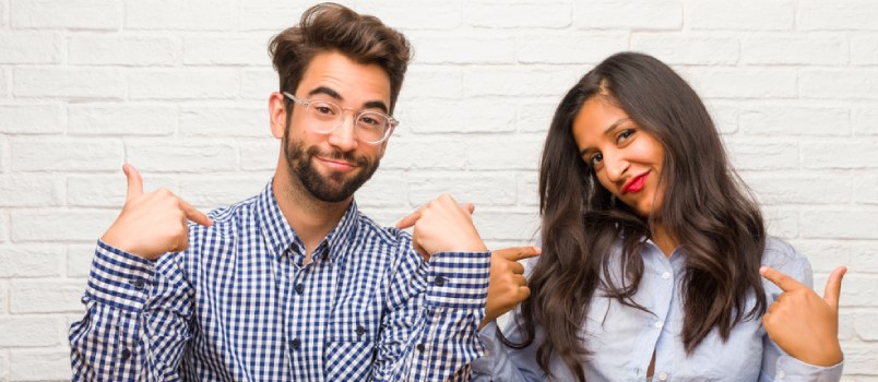 Narcissistic Couples Pointing Finger Ownself Standing In Front Of Silhouette Bricks Wall