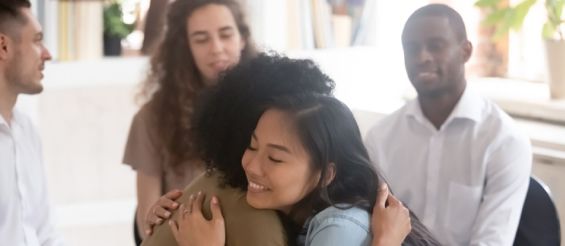 Diverse Ladies Hug Sit In Circle Feel Relief Empathy Helping Friend At With Problems Addiction