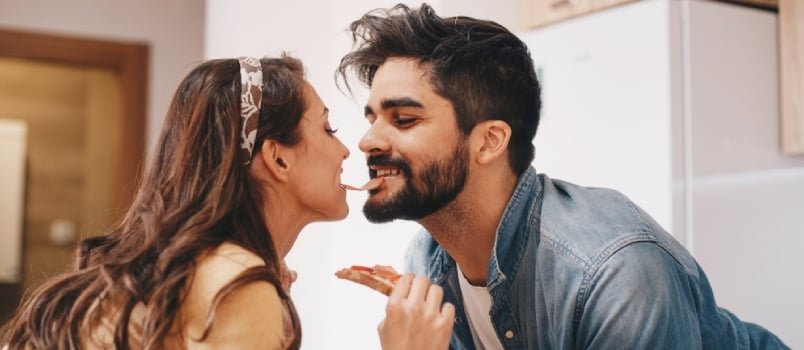 Attractive Young Couple Having Romance Indoor Eating Something Together Love Romance Concept