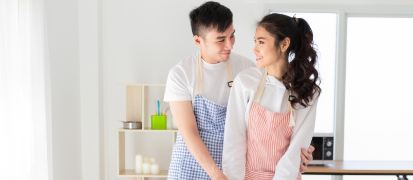 Asian Man And Asian Woman Cooking Costume In Kitchen Room Healthy Relationship Concept