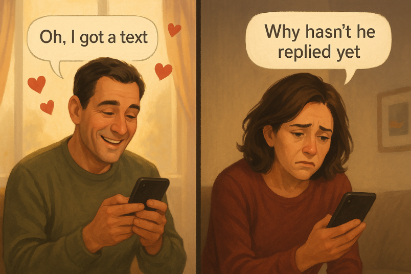 Couple having texting anxiety