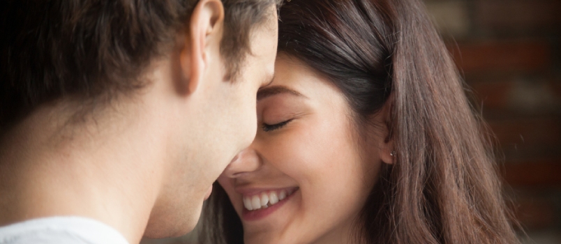 Close Up Portrait Of Attractive Brunette Girl And Guy With Eyes Closed, Close To Each Other