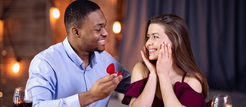 Happy African American Man Making Proposal To His Surprised White Girlfriend