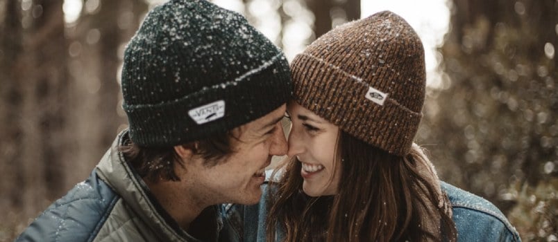 Men And Women In Winter Cap Outdoor Smiling Loving Concept